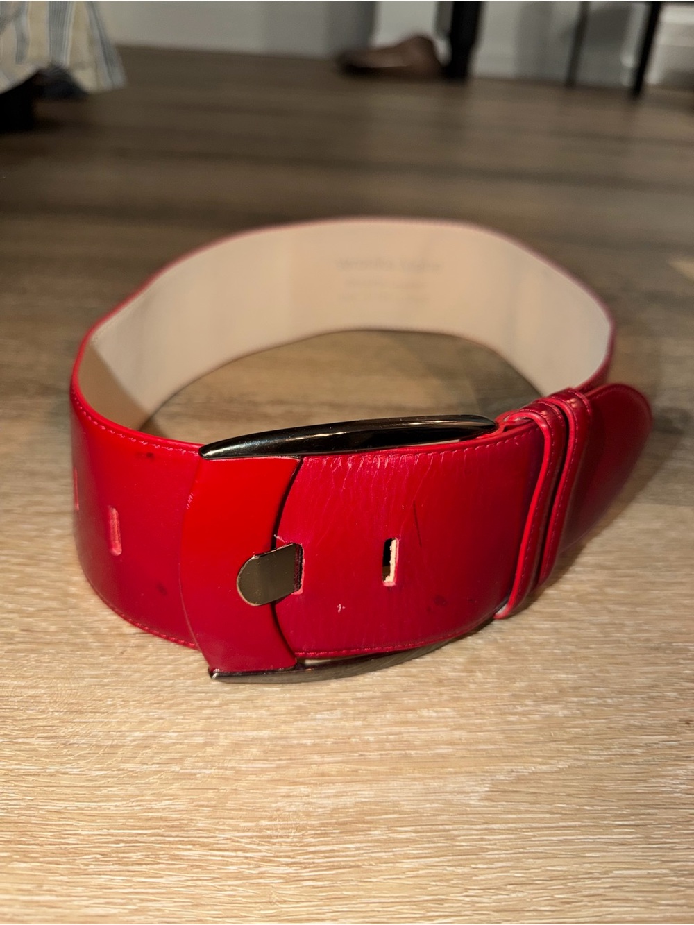 Veronika Maine Red Wide Patent Leather Belt with Gold-Tone Buckle